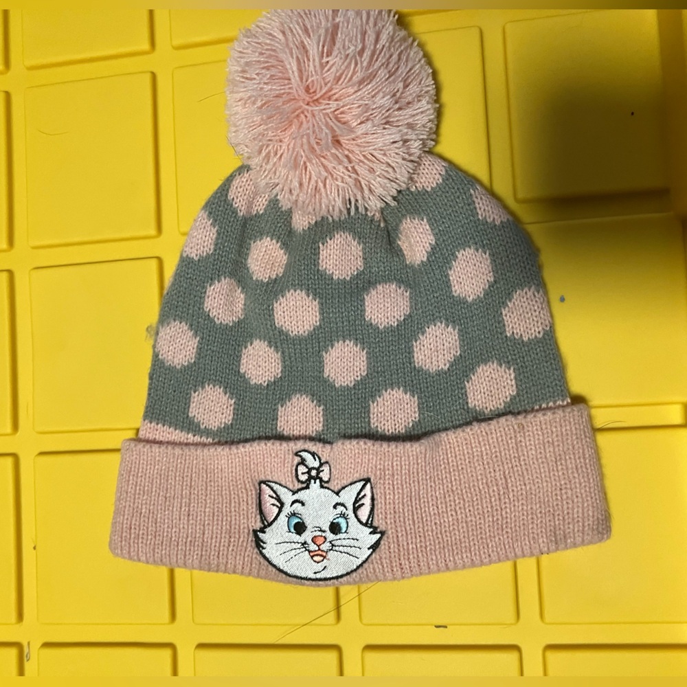 Disney Girls Pink & Gray Polka Dot Pom Pom Beanie with Marie Patch